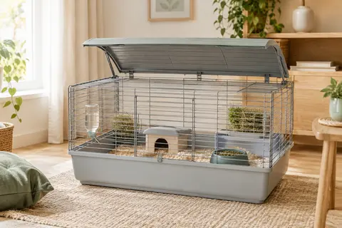 Cage grise pour rongeur avec bac en résine, porte coulissante et toit arrondi relevable