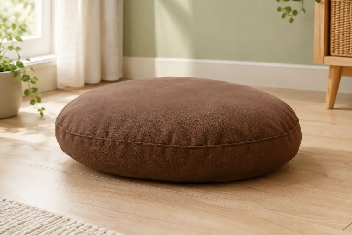 Coussin ovale marron en coton posé dans un intérieur lumineux près d’une niche pour animal.