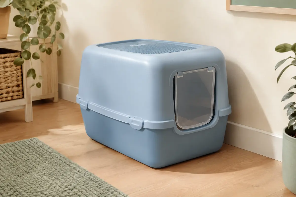 Maison de toilette bleue pour chat avec couvercle amovible et porte battante, dans un intérieur lumineux