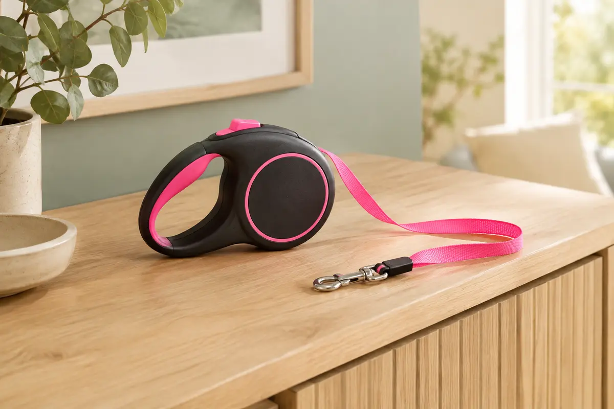 Laisse rétractable noire à accents rose fluo avec sa sangle de 5 m posée sur du bois clair.