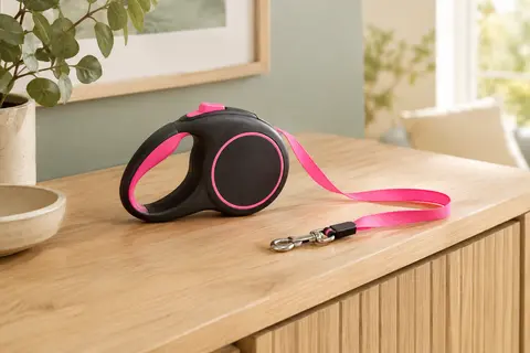 Laisse rétractable noire à accents rose fluo avec sa sangle de 5 m posée sur du bois clair.