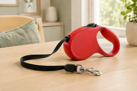 Laisse rétractable rouge à cordon noir posée sur une surface en bois clair dans un intérieur lumineux.