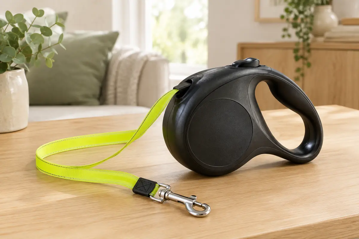 Laisse rétractable noire pour chien avec longue sangle jaune fluo et mousqueton métallique, posée sur du bois clair.