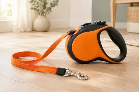 Laisse rétractable Flexi orange et noire avec sangle renforcée et boîtier en plastique