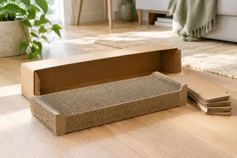 Griffoir horizontal FUKUMARU en carton beige avec boîte et pièces ondulées dans un intérieur lumineux