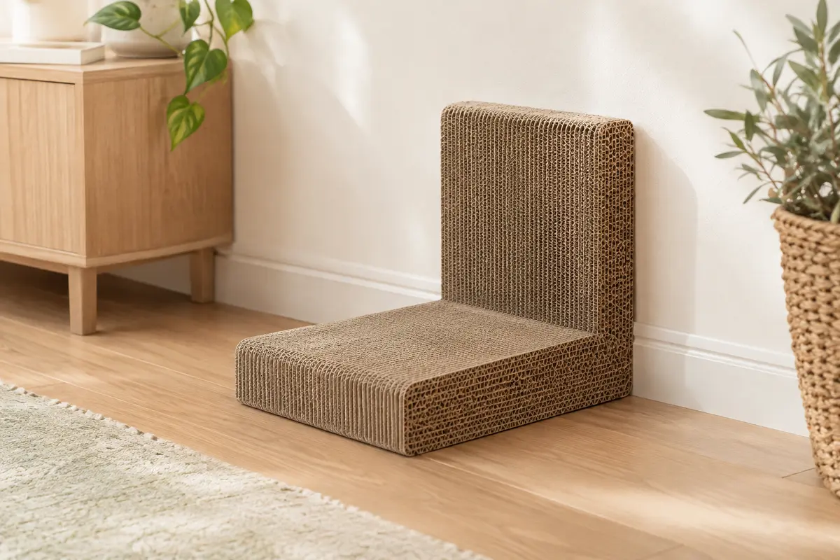 Griffoir pour chat beige en carton ondulé, avec surfaces horizontale et verticale en forme de L.
