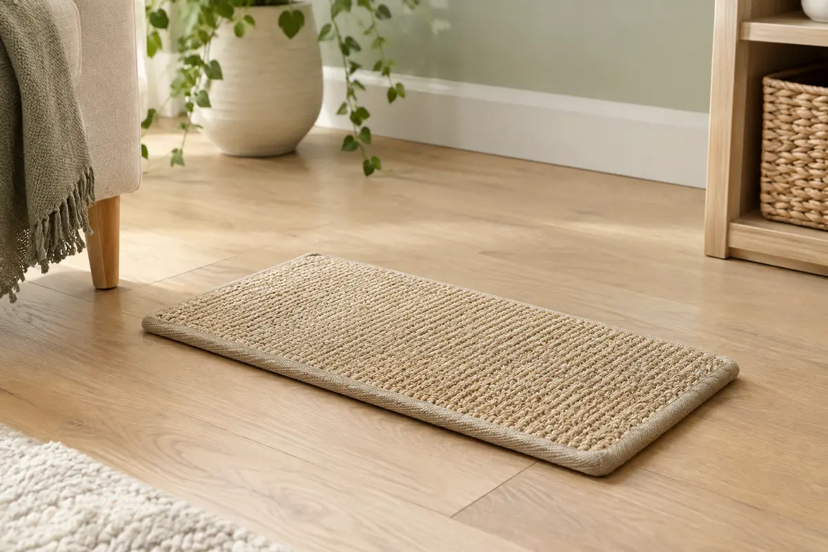 Tapis griffoir rectangulaire beige en sisal posé sur un sol en bois clair dans un intérieur lumineux.