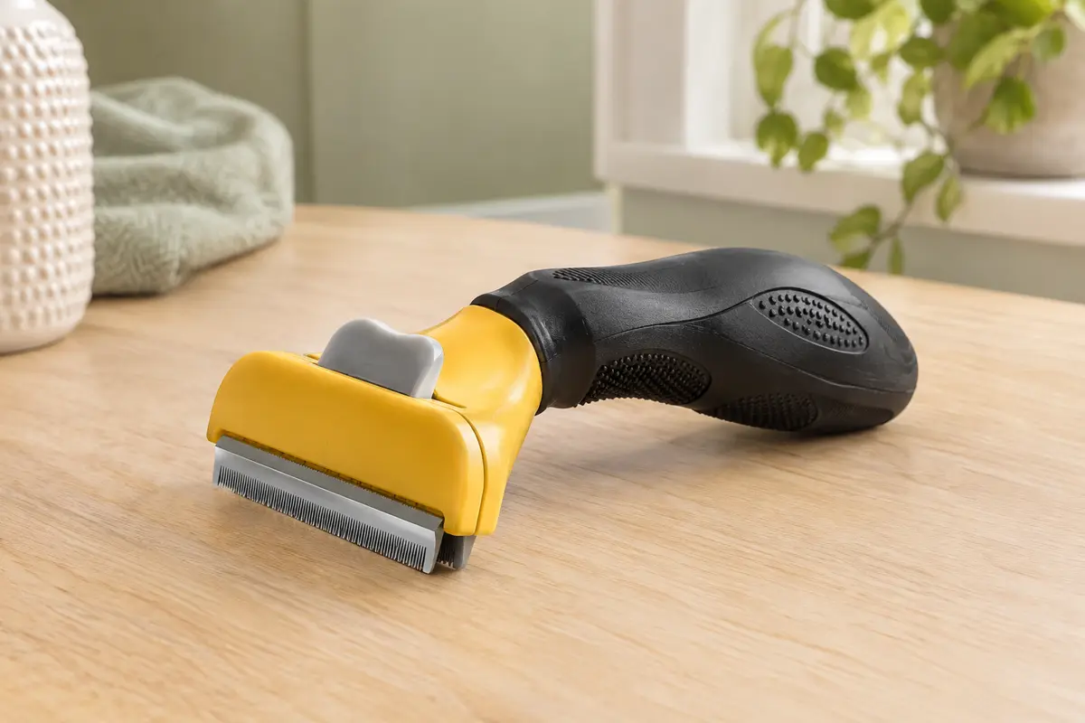 Outil Furminator noir avec bord en acier inoxydable, posé sur une surface en bois clair.