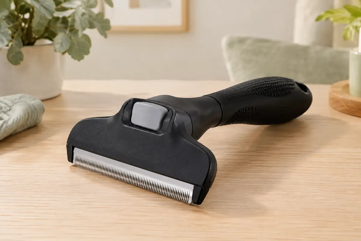 Outil de toilettage noir pour chat à poils longs, avec bord en acier et bouton d’éjection