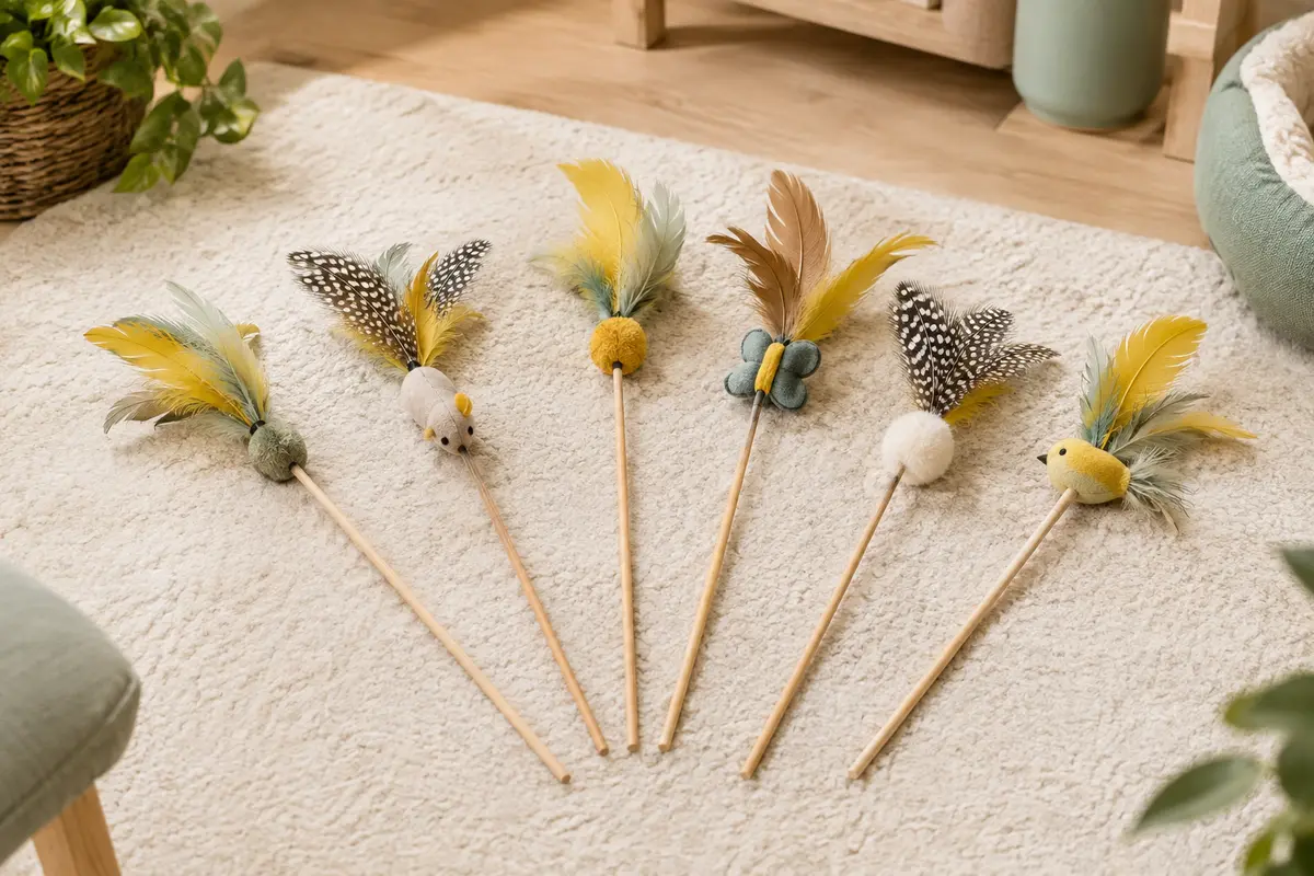 Six jouets pour chat à plumes et éléments en peluche disposés sur un tapis clair dans un intérieur lumineux.