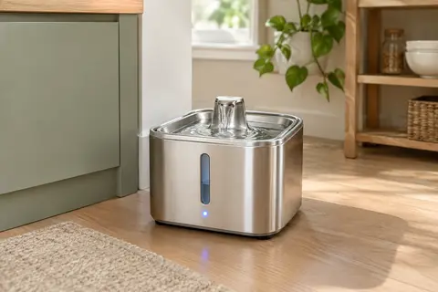 Fontaine à eau argentée en inox pour chat, avec bec verseur et fenêtre de niveau, dans un intérieur clair.