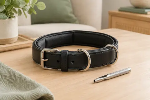 Collier noir pour chien rembourré, avec boucle métallique et deux anneaux en D, posé dans un intérieur lumineux.