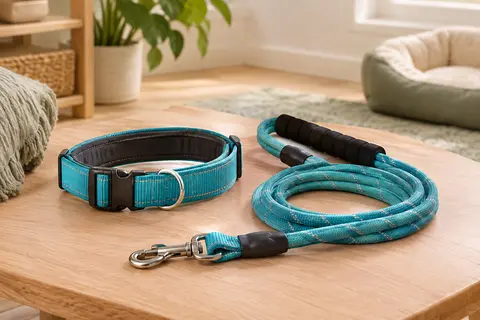Collier turquoise pour chien rembourré en néoprène, avec fils réfléchissants et laisse posée à côté.