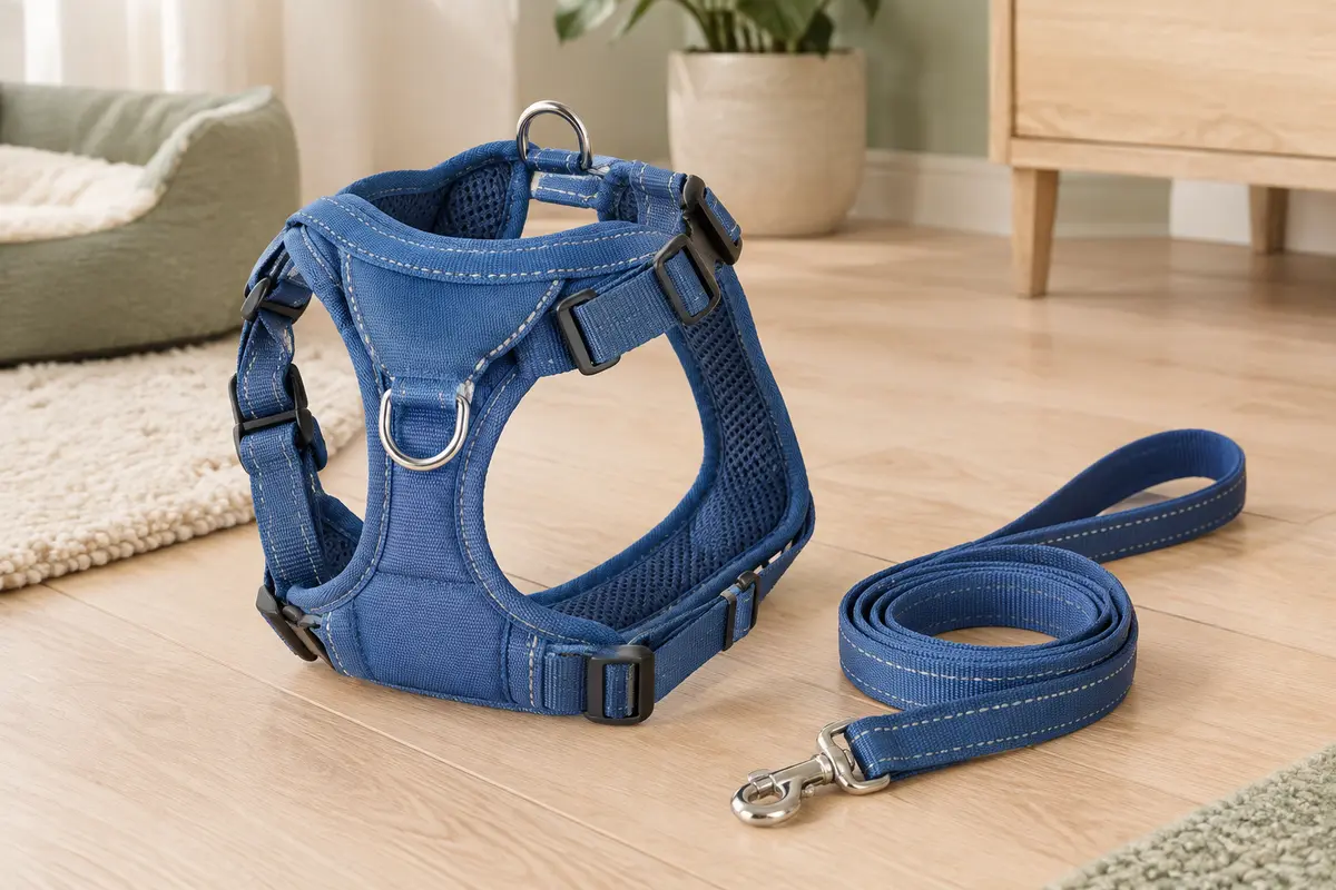 Harnais pour chien haapaw bleu avec doublure en maille, anneaux métalliques et coutures réfléchissantes