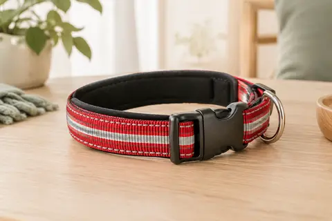 Collier pour chien Halti rouge en nylon, avec rembourrage en néoprène, coutures réfléchissantes et anneau métallique.