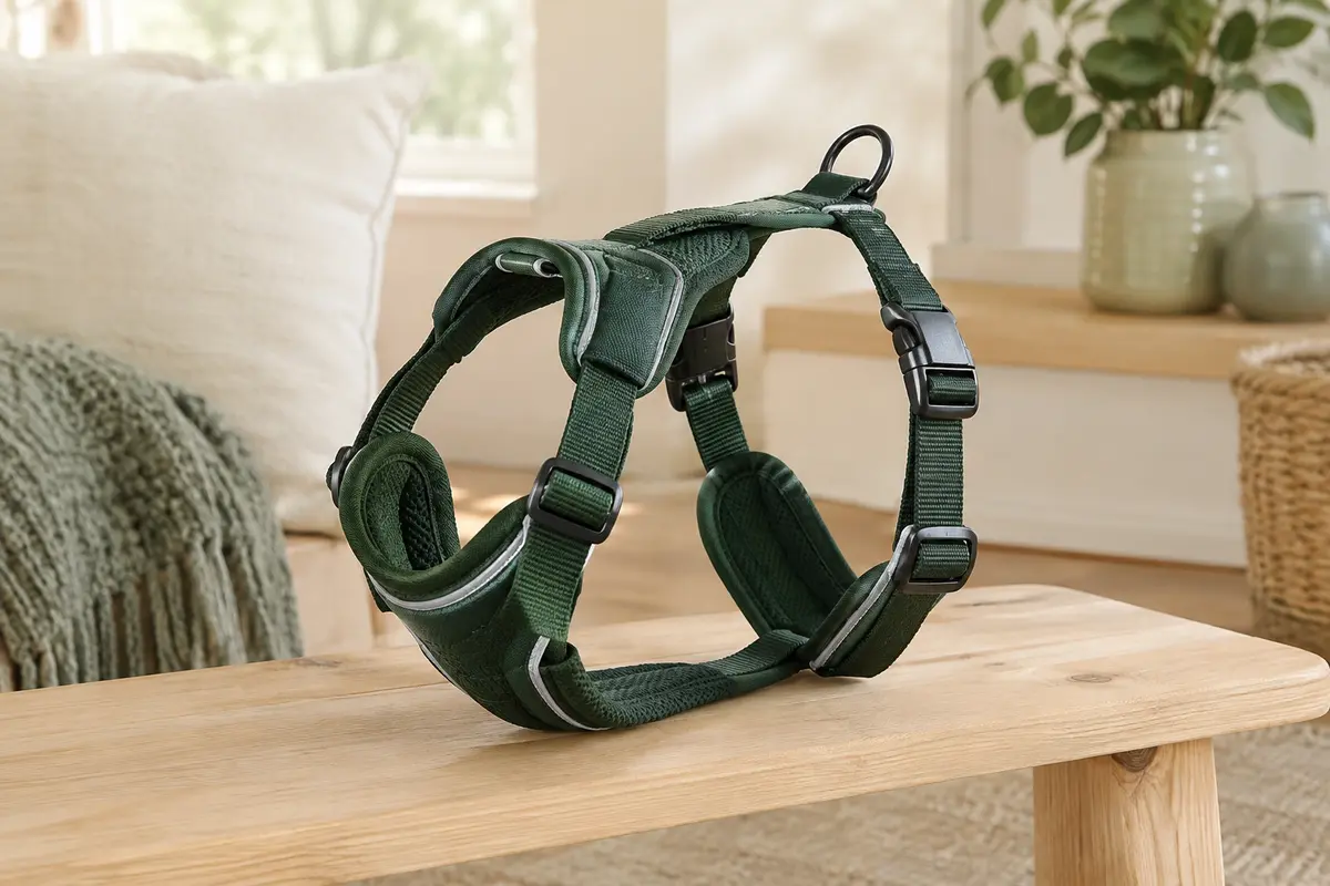 Harnais pour chien vert forêt avec sangles rembourrées et détails réfléchissants, posé sur du bois clair.