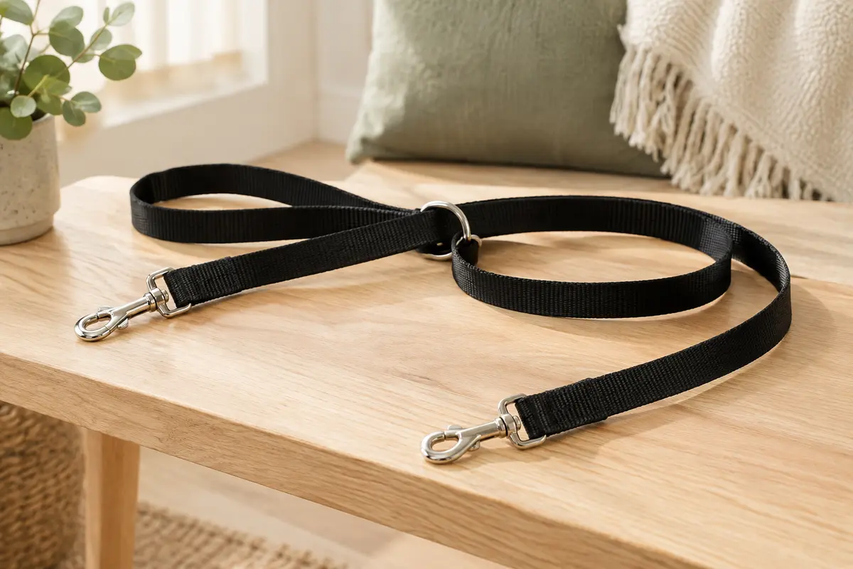 Laisse éducative noire à deux mousquetons posée sur un banc en bois clair dans un intérieur lumineux