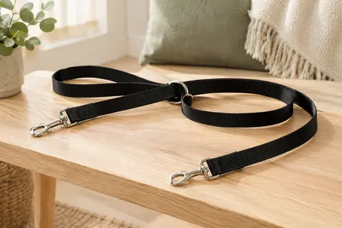 Laisse éducative noire à deux mousquetons posée sur un banc en bois clair dans un intérieur lumineux