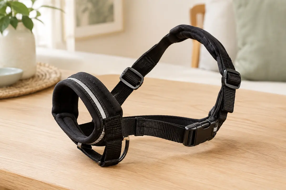 Licol Halti noir pour chien avec muserolle rembourrée, sangle en nylon et éléments réfléchissants