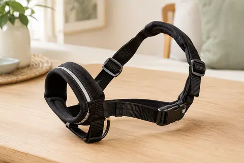 Licol Halti noir pour chien avec muserolle rembourrée, sangle en nylon et éléments réfléchissants