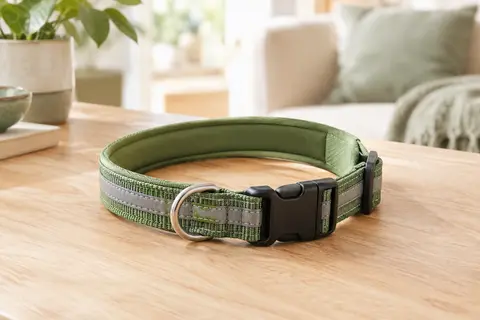 Collier pour chien vert avec rembourrage en néoprène, bandes réfléchissantes, boucle rapide et anneau en D