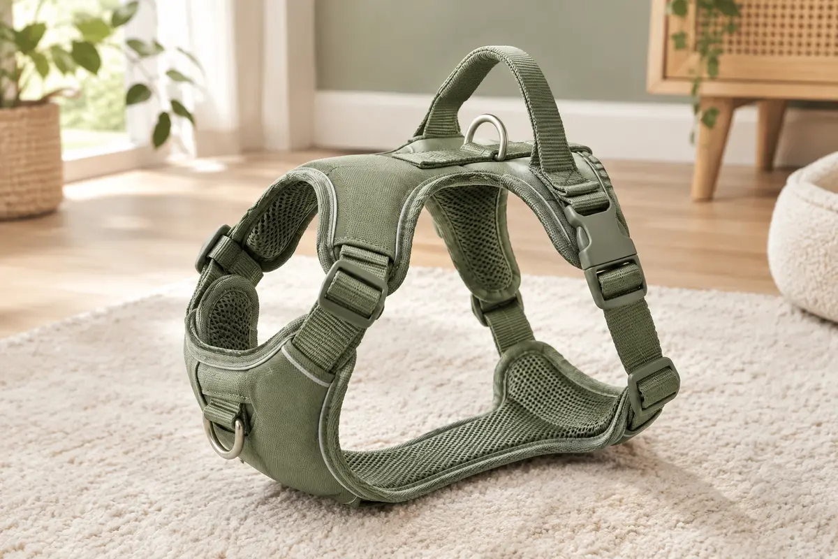 Harnais pour chien vert avec sangles réglables, anneaux métalliques, poignée et doublure en maille