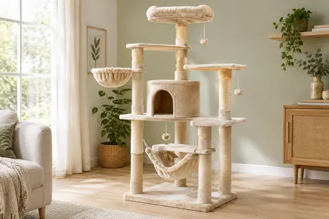 Arbre à chat beige avec colonnes en sisal, plateformes, cachette douce et jouets suspendus dans un intérieur lumineux.