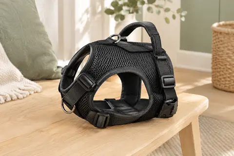 Harnais veste noir Huntboo pour petit chien, avec maille aérée, poignée rembourrée et anneaux métalliques