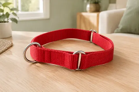 Collier martingale rouge en nylon présenté en boucle sur une table en bois clair