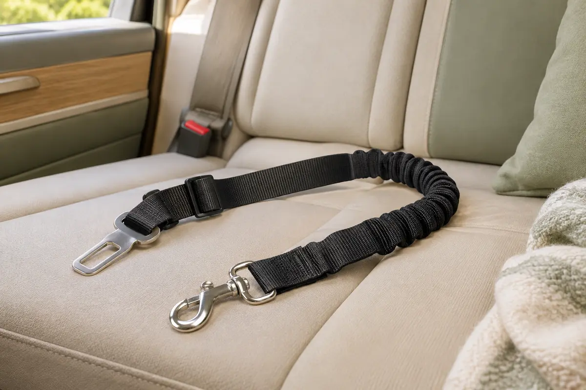 Sangle auto noire réglable pour chien avec partie élastique et mousqueton en aluminium sur une banquette.