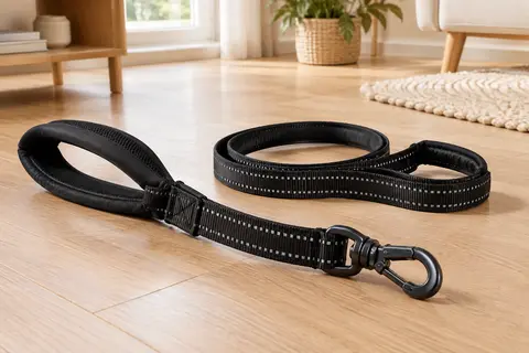 Laisse noire réglable pour chien avec deux poignées rembourrées, fils réfléchissants et mousqueton en aluminium.