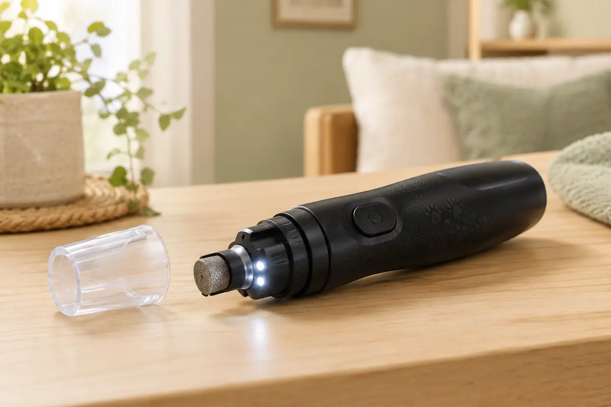 Lime électrique noire pour griffes d’animaux, avec gaine transparente et éclairage LED, sur un fond en bois clair.