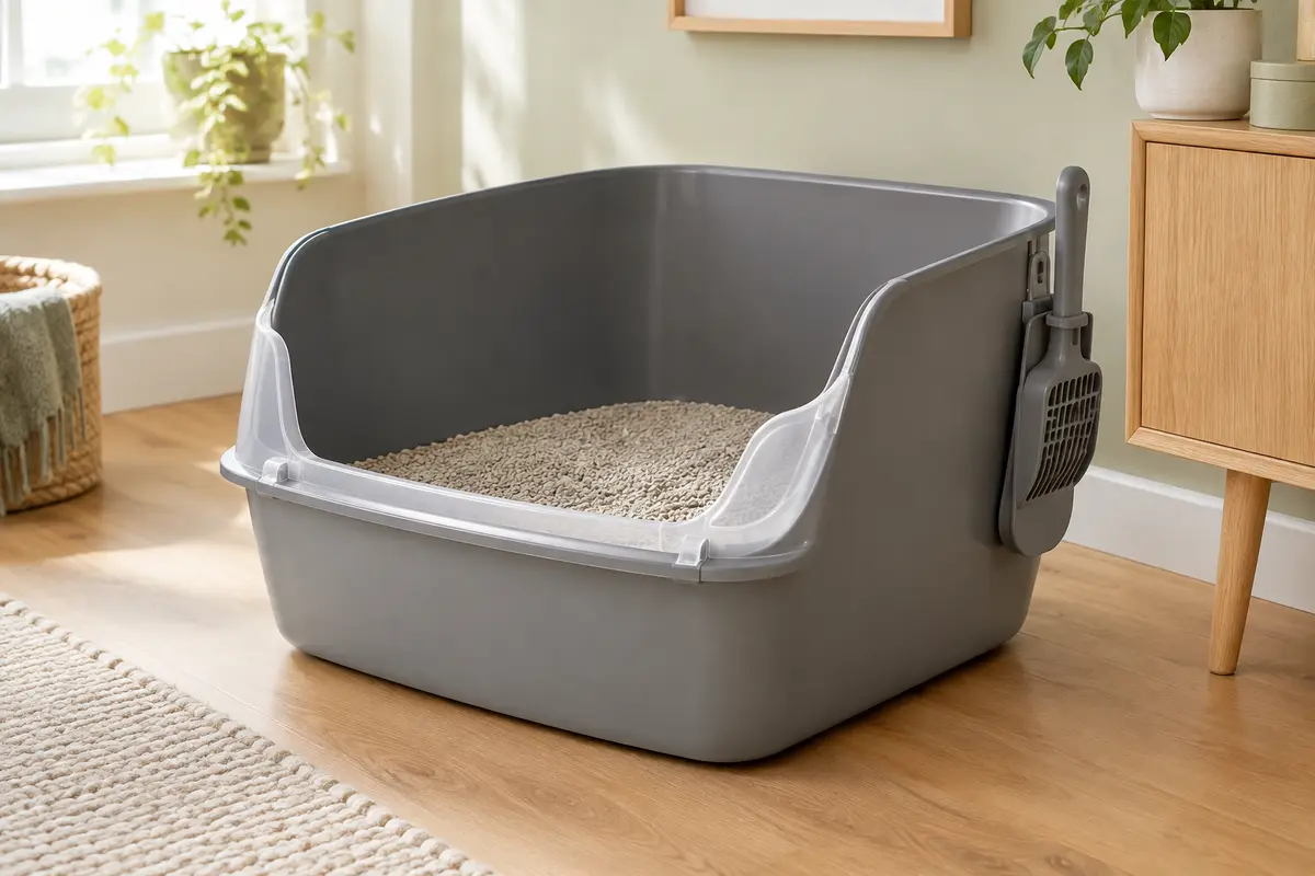 Bac à litière gris ouvert avec rebord transparent amovible et pelle assortie dans un intérieur lumineux.