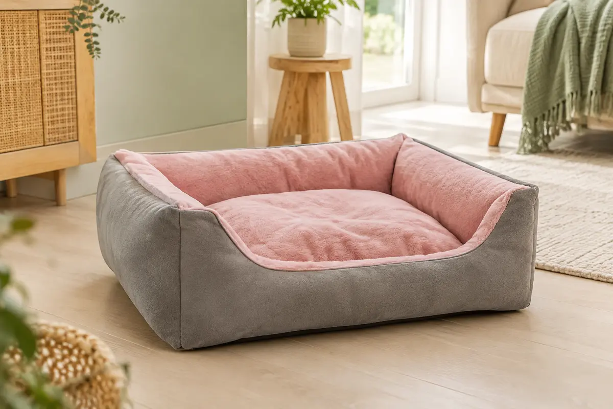 Panier JOEJOY gris à doublure rose, avec trois bords rembourrés et une entrée avant abaissée