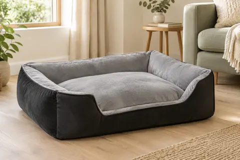 Lit rectangulaire JOYELF gris et noir avec base épaisse et rebords rembourrés, dans un intérieur lumineux.