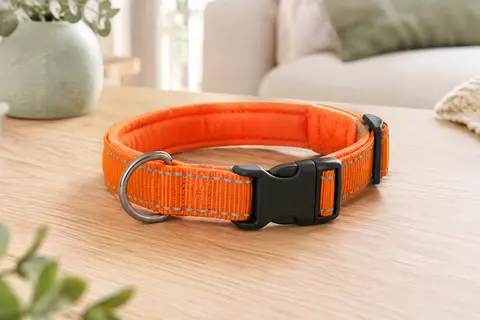 Collier Joytale orange en nylon, avec rembourrage, boucle rapide et coutures réfléchissantes.