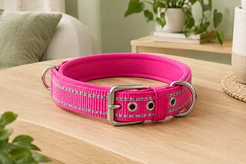 Collier pour chien Joytale rose vif avec sangle rembourrée, fils réfléchissants et boucle métallique