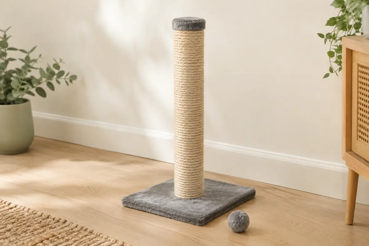 Griffoir vertical gris Kerbl Pet avec tube en sisal, base carrée et balle de jeu pour chat