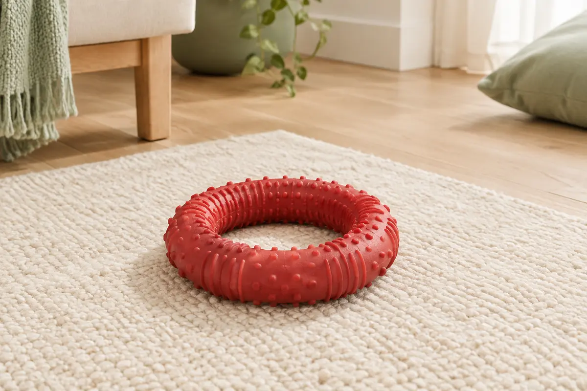 Anneau circulaire rouge en caoutchouc naturel avec reliefs, posé sur un tapis crème dans un intérieur lumineux.