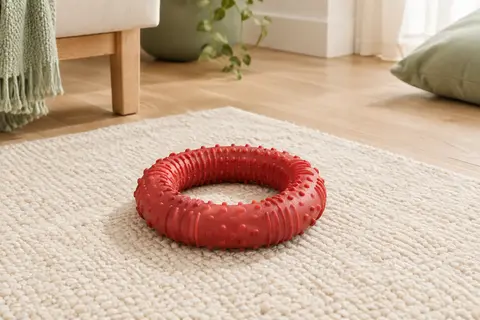 Anneau circulaire rouge en caoutchouc naturel avec reliefs, posé sur un tapis crème dans un intérieur lumineux.