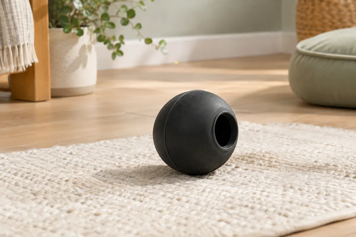 Balle noire KONG Extreme en caoutchouc naturel avec une ouverture, posée sur un tapis clair