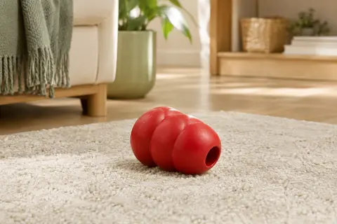 Jouet à mâcher KONG Classic rouge taille S posé sur un tapis clair dans un intérieur lumineux