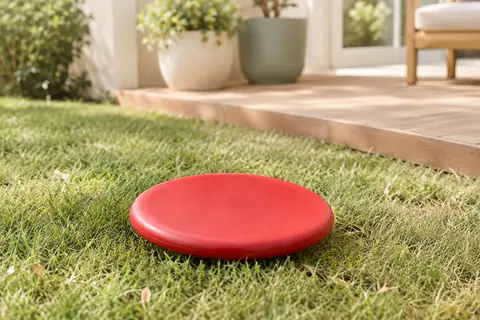 Disque volant rouge en caoutchouc naturel KONG posé sur une pelouse près d’une terrasse en bois.