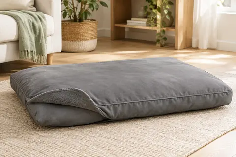 Coussin gris rectangulaire pour chien, réversible et déhoussable, installé dans un intérieur lumineux.