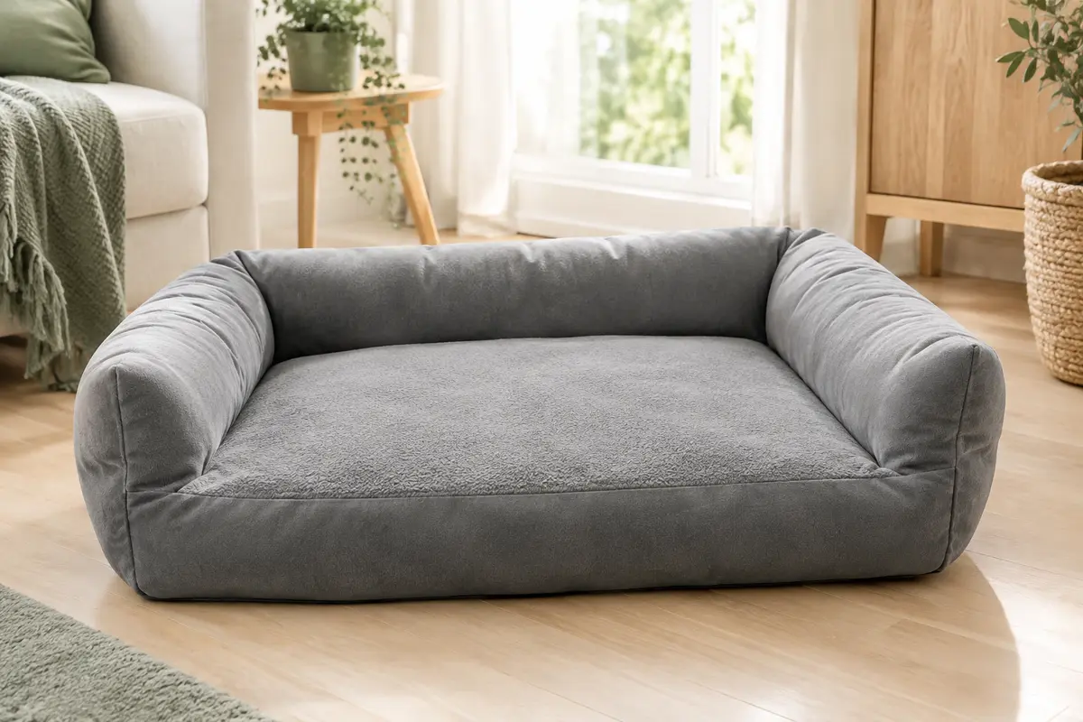 Panier KSIIA gris pour chien, rectangulaire et rembourré, avec trois côtés surélevés.