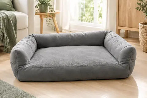 Panier KSIIA gris pour chien, rectangulaire et rembourré, avec trois côtés surélevés.
