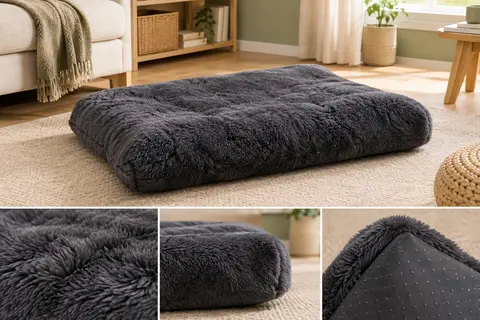 Coussin rectangulaire KSIIA gris foncé en peluche, avec rembourrage épais et fond à picots antidérapants.