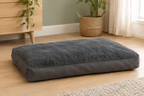Panier plat KSIIA gris foncé en peluche courte, posé sur un sol en bois clair dans un intérieur lumineux.