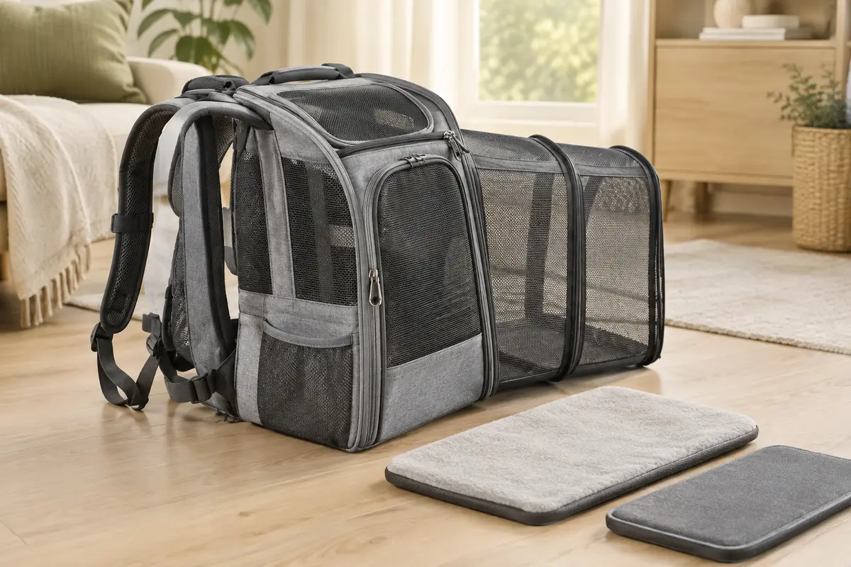 Sac à dos de transport gris extensible avec panneaux en maille et deux tapis coussins lavables