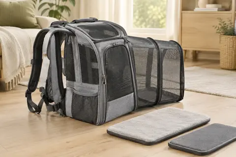 Sac à dos de transport gris extensible avec panneaux en maille et deux tapis coussins lavables